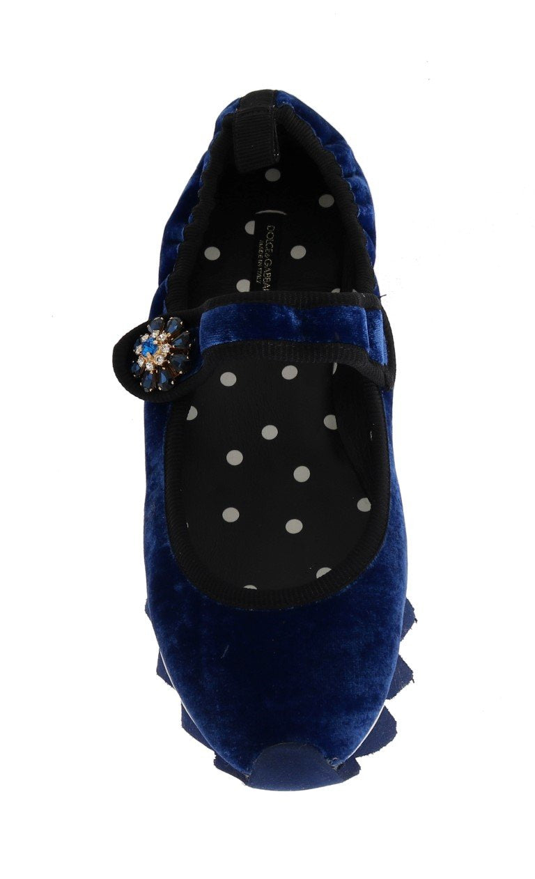 Blue Velvet Crystal Strap Ballerina Shoes