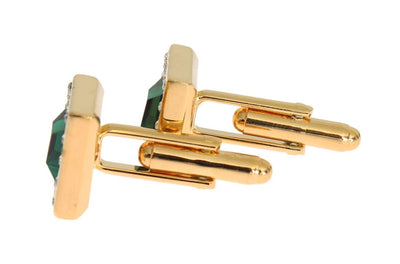 Gold Brass Clear Green Crystal Cufflinks
