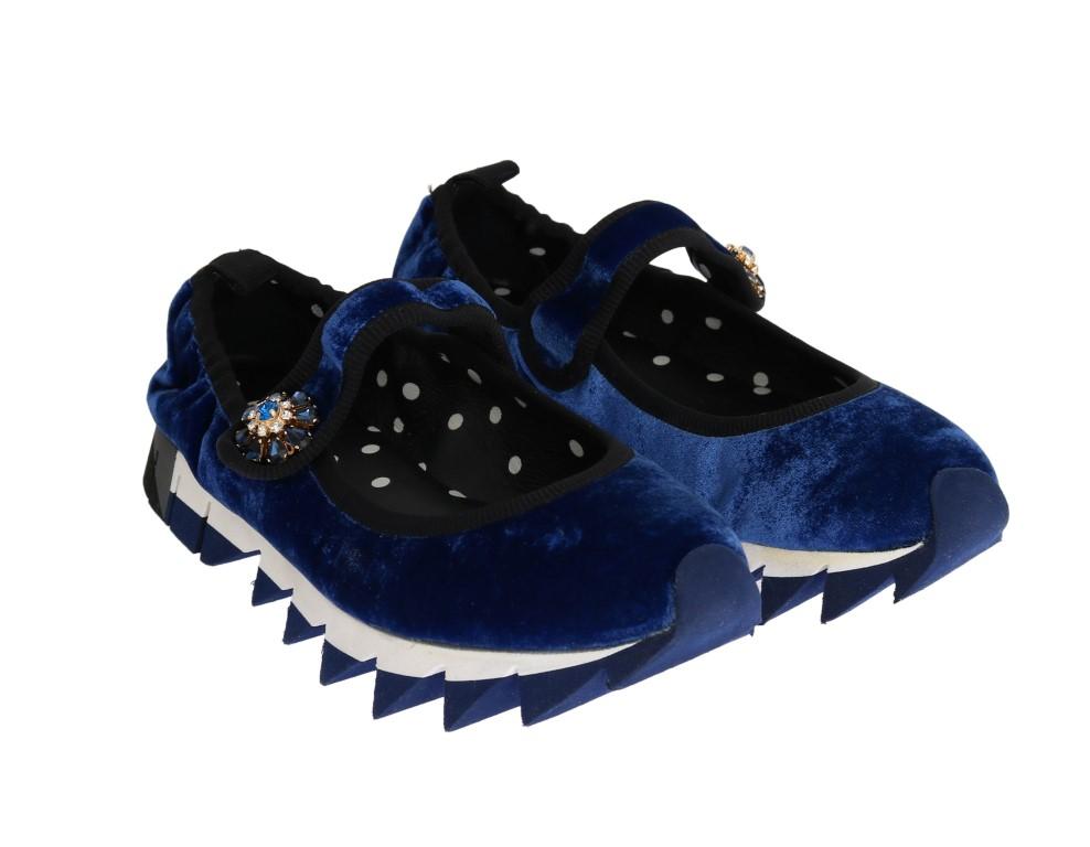 Blue Velvet Crystal Strap Ballerina Shoes