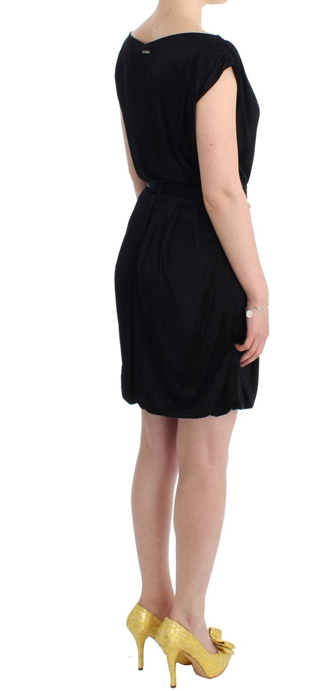 Black Mini Jersey Shift Belted Dress