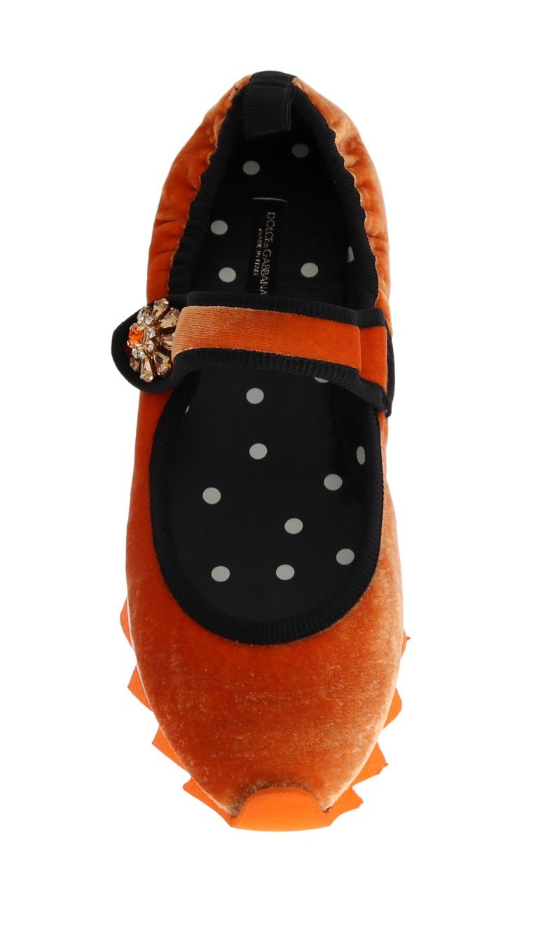 Orange Velvet Crystal Strap Ballerina Shoes