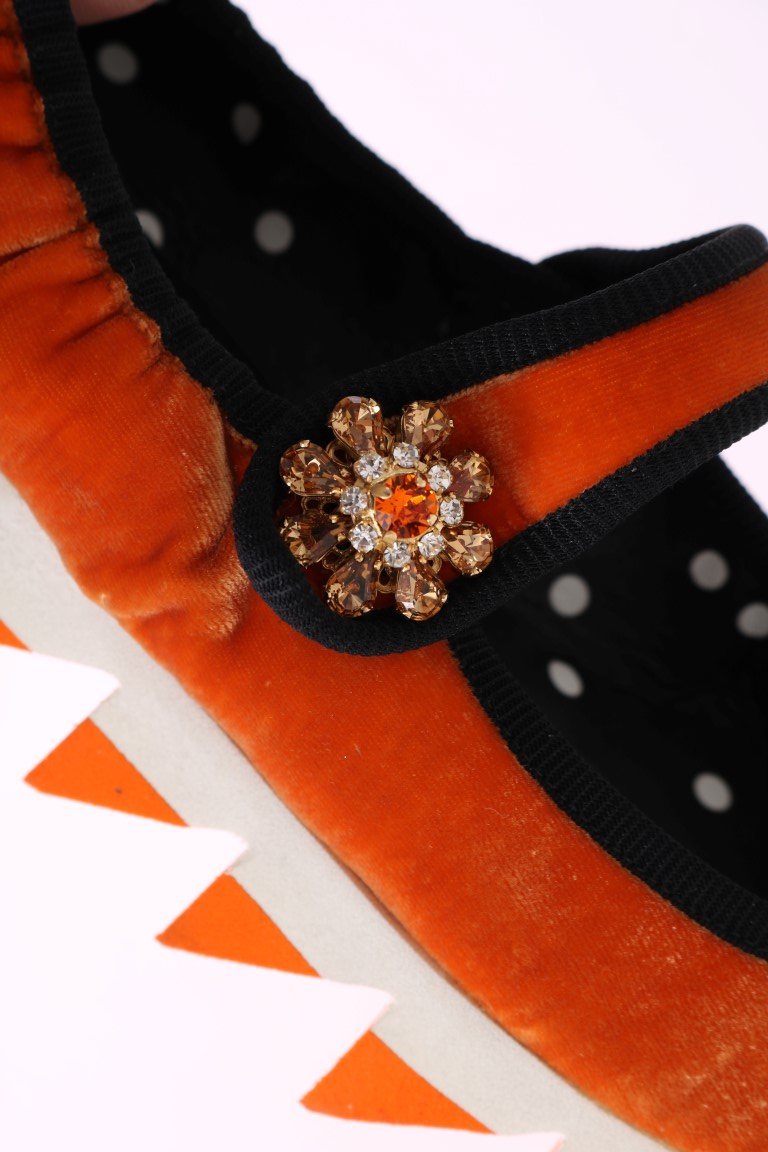Orange Velvet Crystal Strap Ballerina Shoes