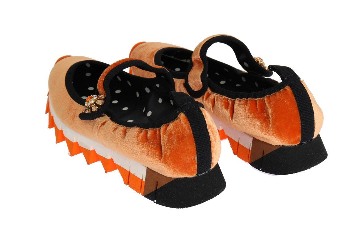 Orange Velvet Crystal Strap Ballerina Shoes