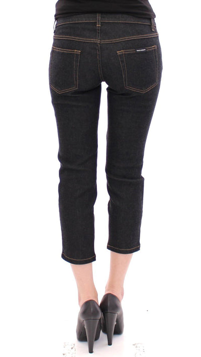 Black Cotton Cropped Slim Fit Jeans Pants