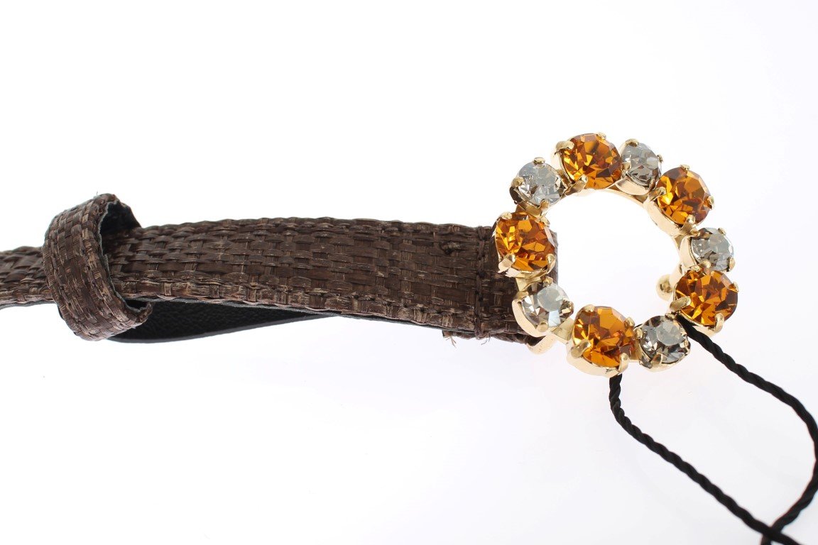 Brown Straw Leather Crystal Buckle Belt