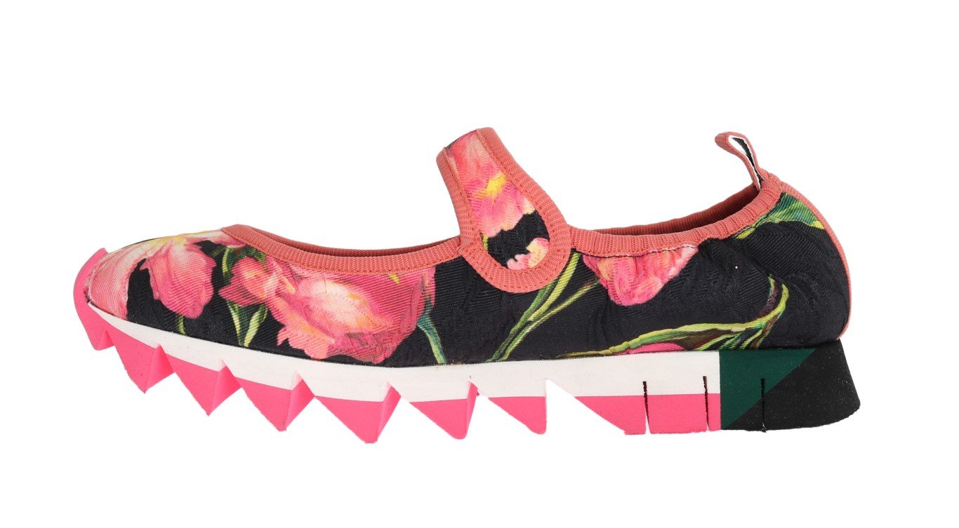 Pink Floral Brocade Strap Ballerina Shoes