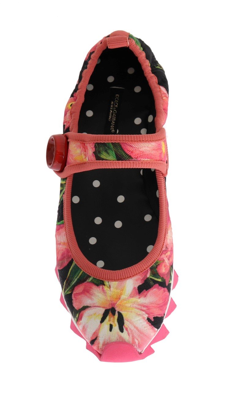 Pink Floral Brocade Strap Ballerina Shoes