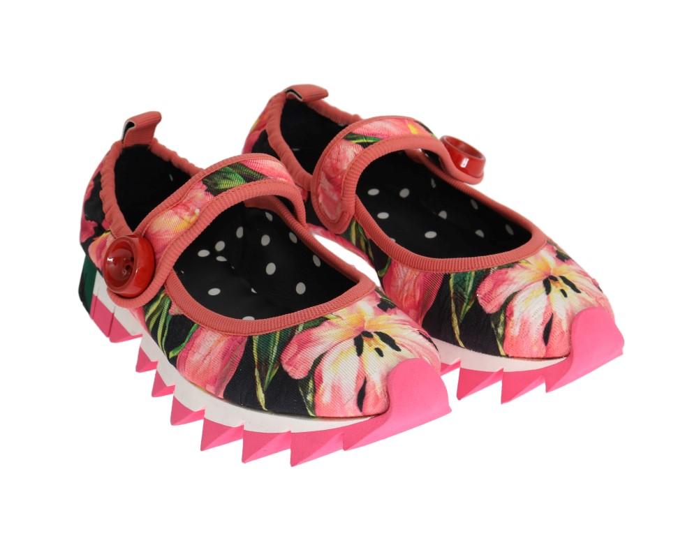 Pink Floral Brocade Strap Ballerina Shoes