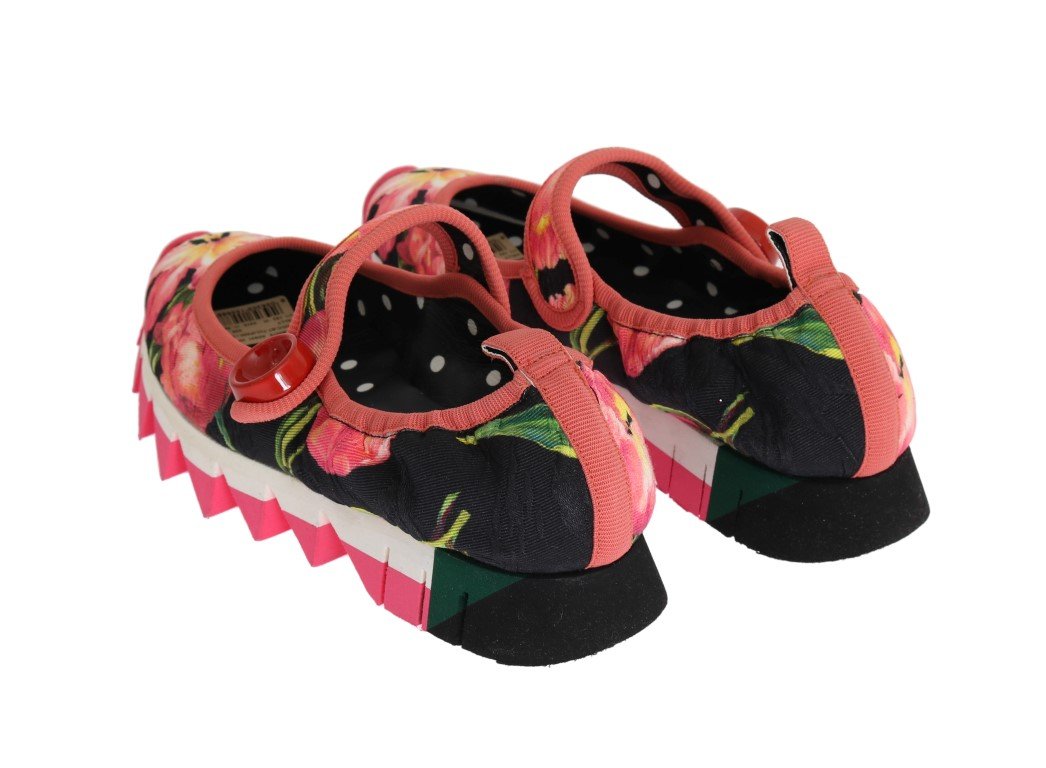 Pink Floral Brocade Strap Ballerina Shoes