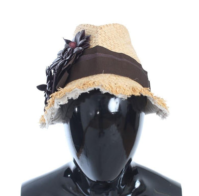 Beige Floral Leather Raffia Hat