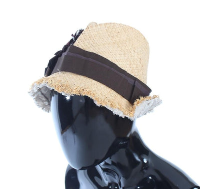Beige Floral Leather Raffia Hat