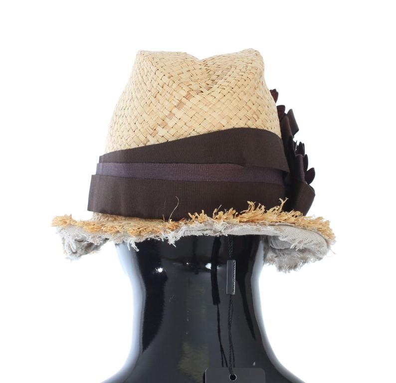 Beige Floral Leather Raffia Hat
