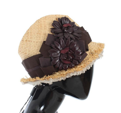 Beige Floral Leather Raffia Hat