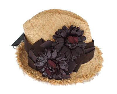 Beige Floral Leather Raffia Hat