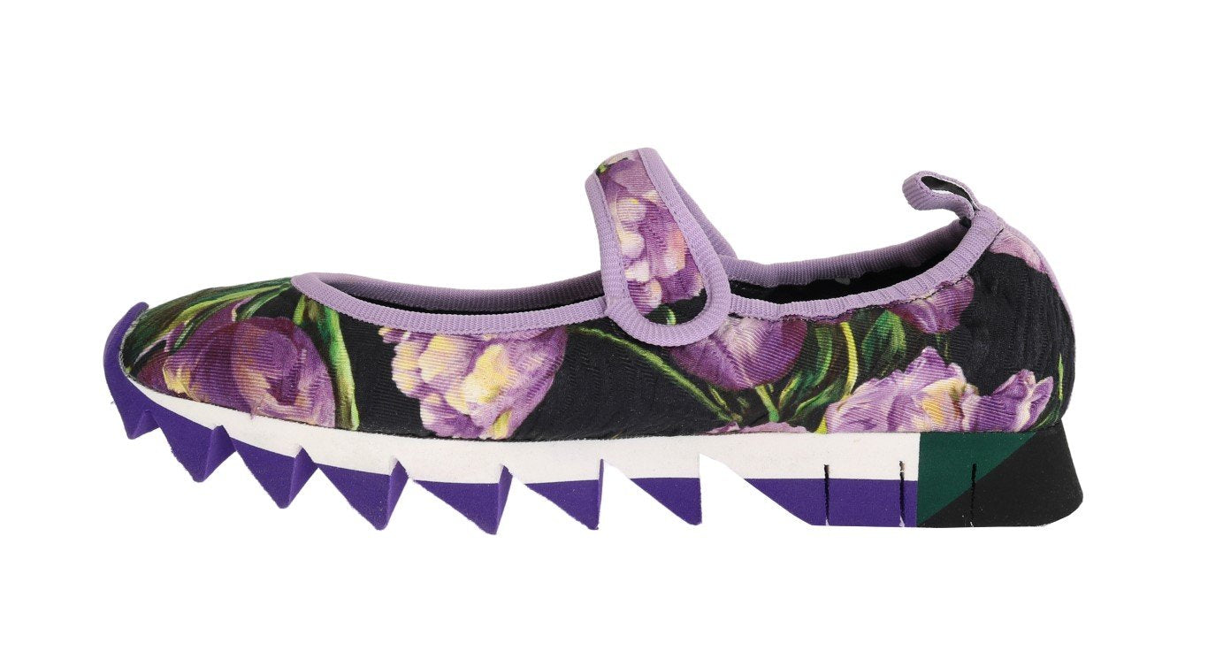 Purple Floral Brocade Strap Ballerina Shoes