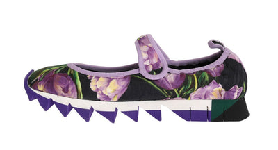 Purple Floral Brocade Strap Ballerina Shoes