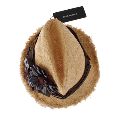 Beige Floral Leather Raffia Hat
