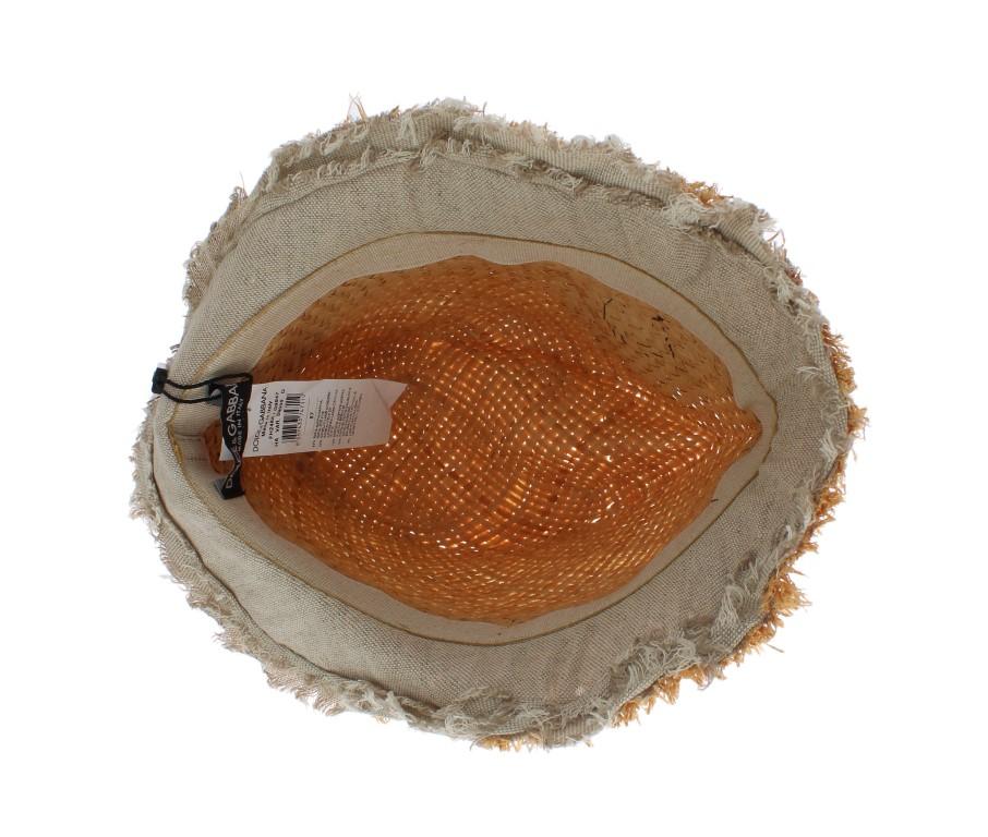 Beige Floral Leather Raffia Hat