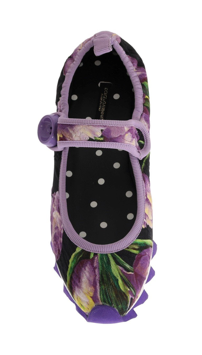 Purple Floral Brocade Strap Ballerina Shoes