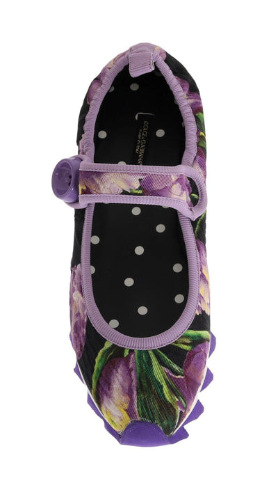 Purple Floral Brocade Strap Ballerina Shoes