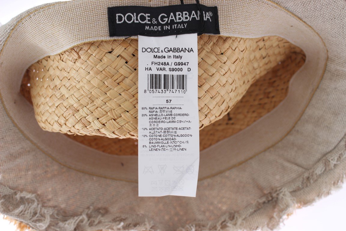 Beige Floral Leather Raffia Hat