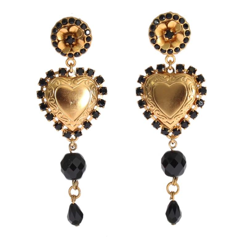 Gold Black Crystal Heart Dangling Clip On Earring