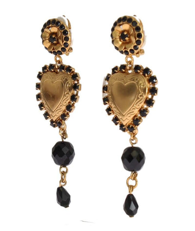 Gold Black Crystal Heart Dangling Clip On Earring