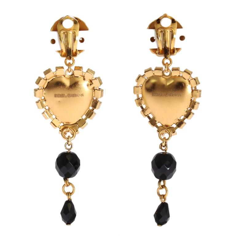 Gold Black Crystal Heart Dangling Clip On Earring