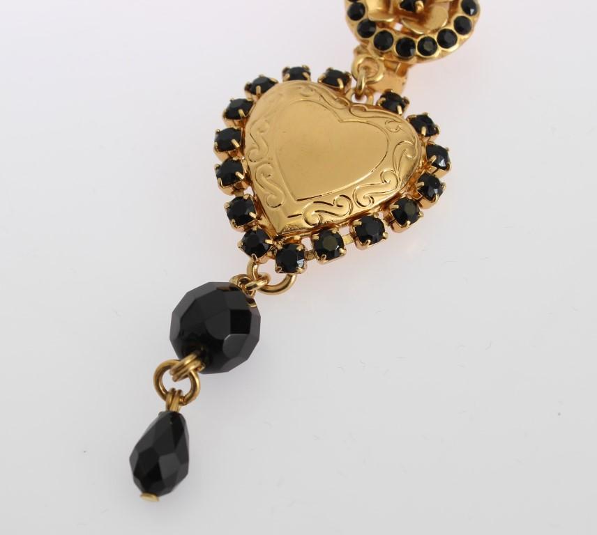 Gold Black Crystal Heart Dangling Clip On Earring