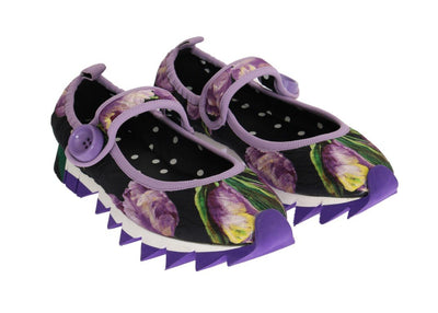 Purple Floral Brocade Strap Ballerina Shoes