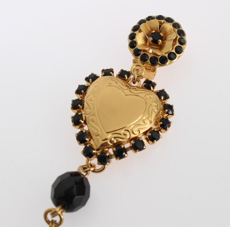 Gold Black Crystal Heart Dangling Clip On Earring
