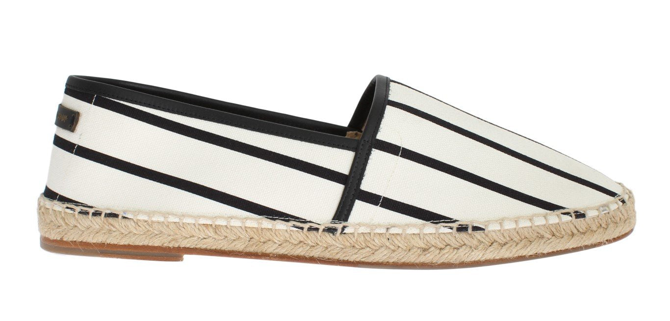 White Canvas Black Striped Espadrilles