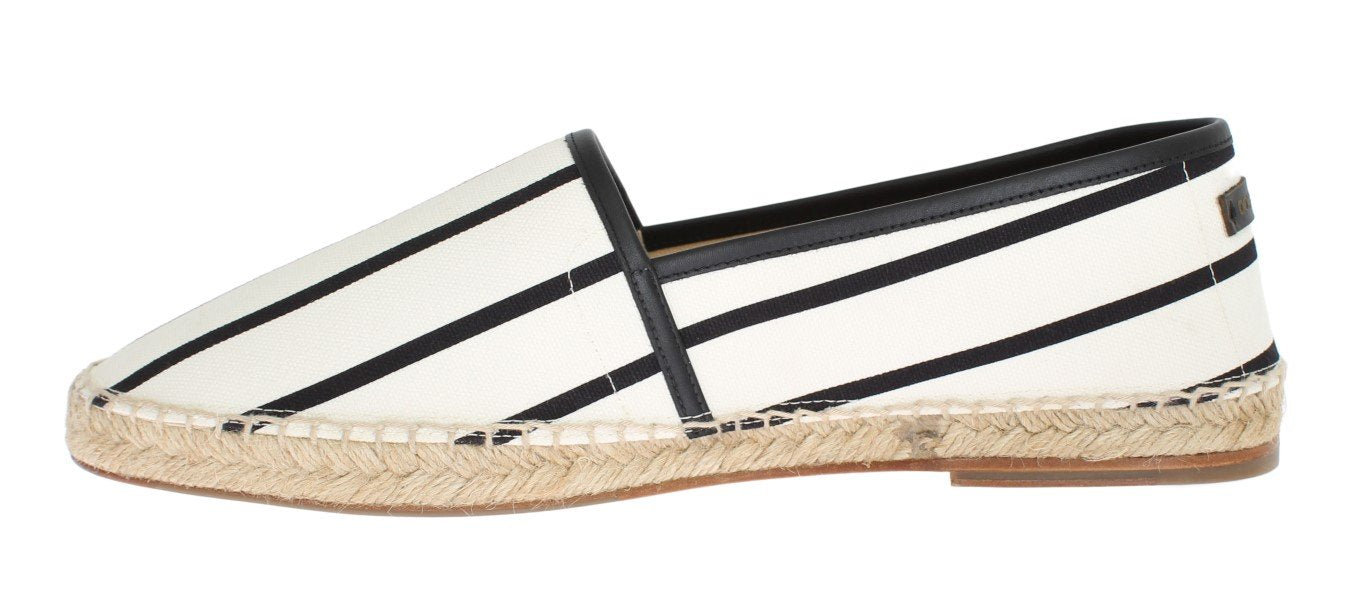 White Canvas Black Striped Espadrilles