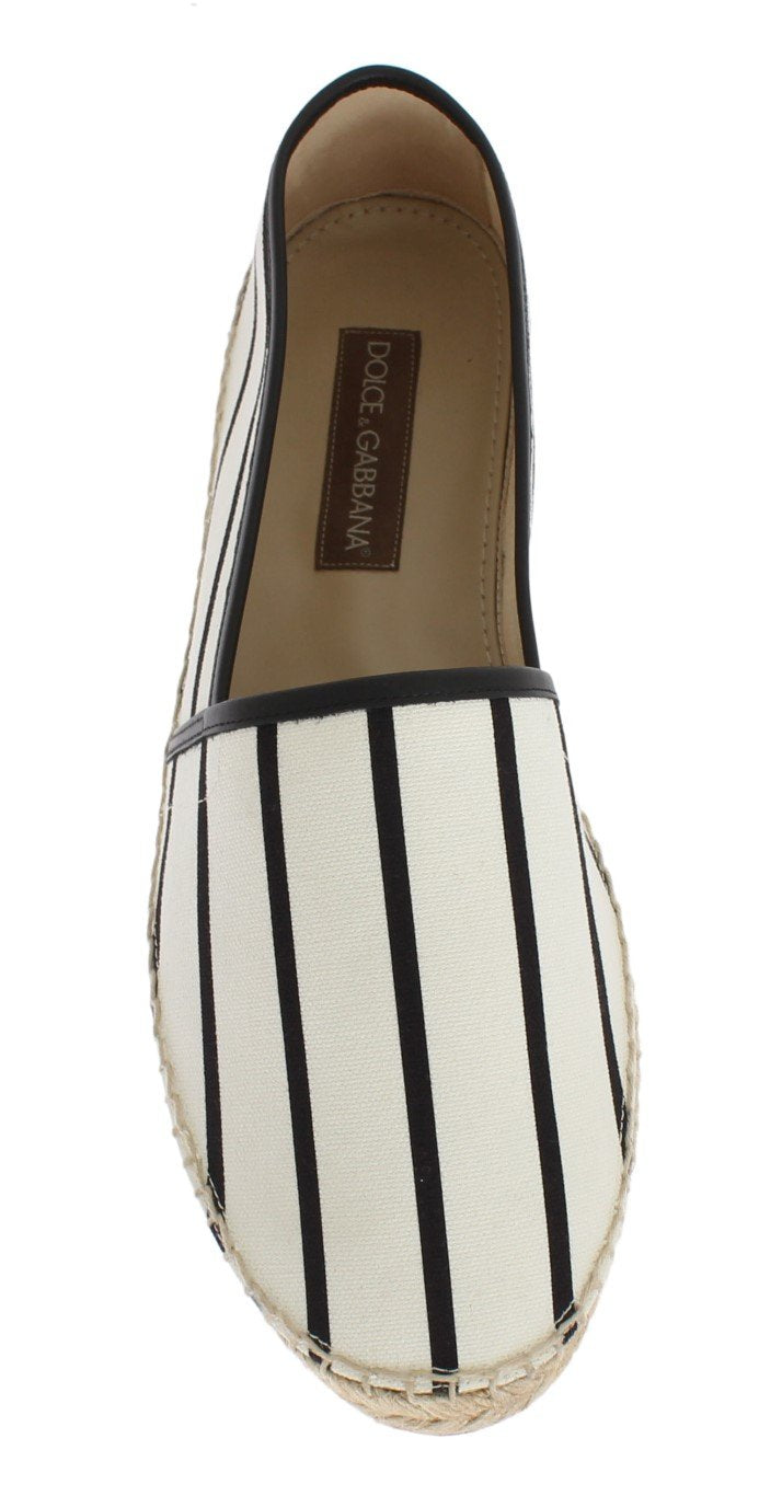 White Canvas Black Striped Espadrilles