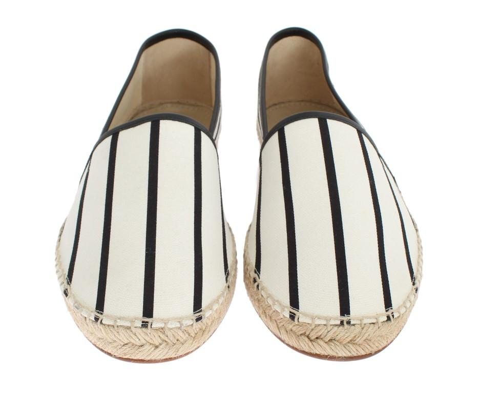 White Canvas Black Striped Espadrilles
