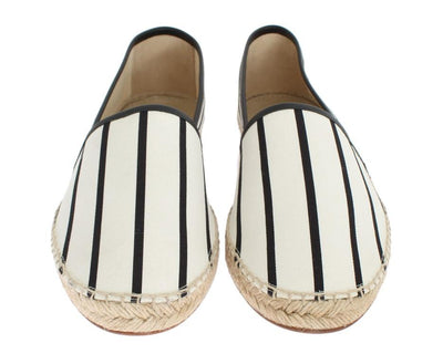 White Canvas Black Striped Espadrilles
