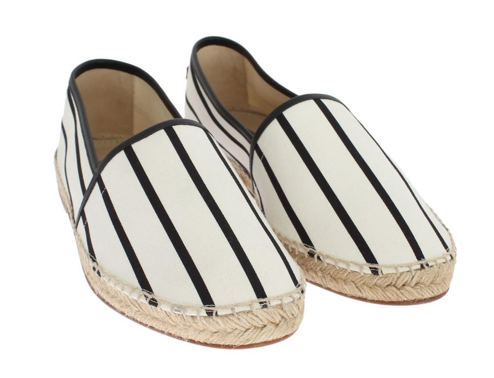 White Canvas Black Striped Espadrilles