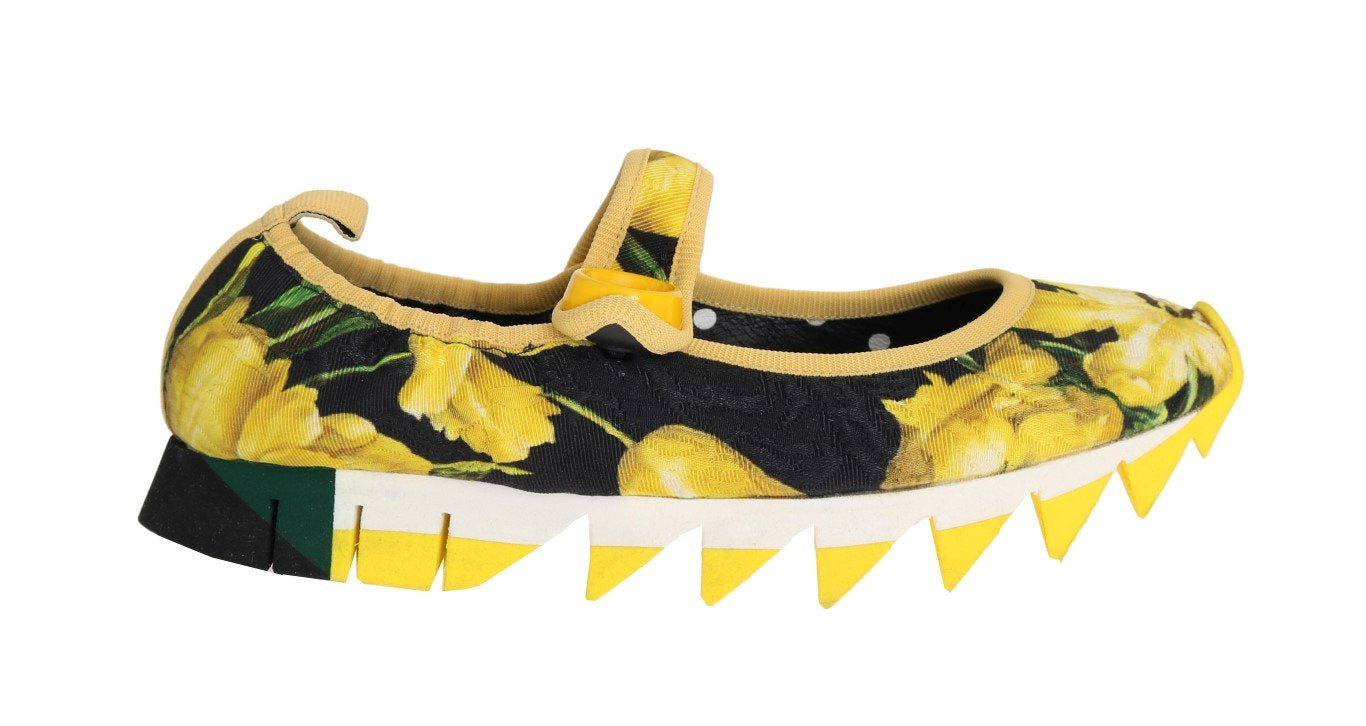 Yellow Tulip Brocade Strap Ballerina Shoes
