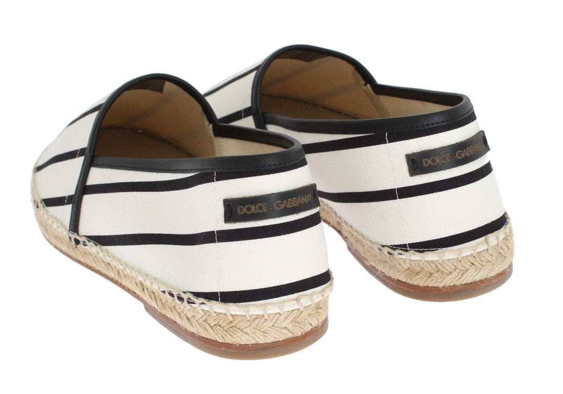 White Canvas Black Striped Espadrilles