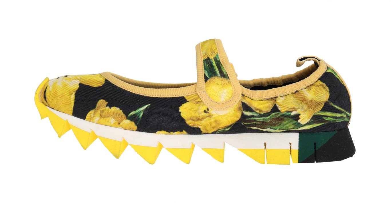 Yellow Tulip Brocade Strap Ballerina Shoes