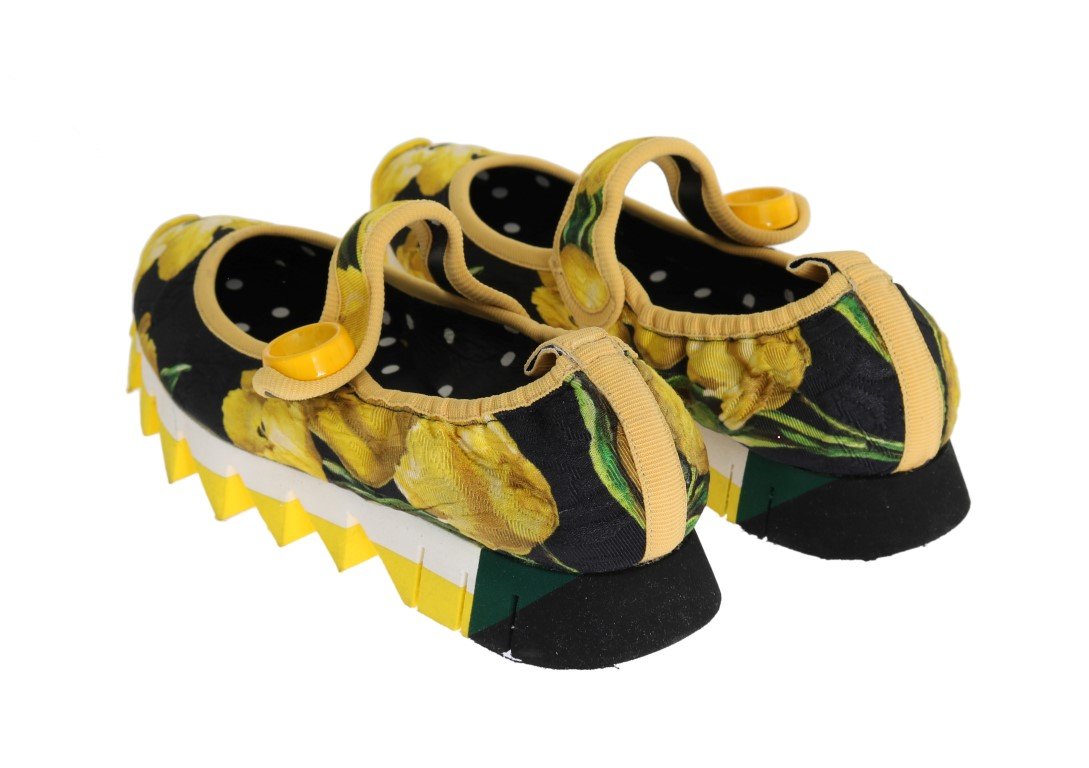 Yellow Tulip Brocade Strap Ballerina Shoes