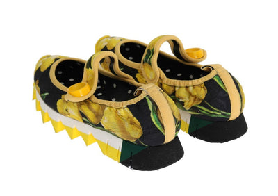 Yellow Tulip Brocade Strap Ballerina Shoes