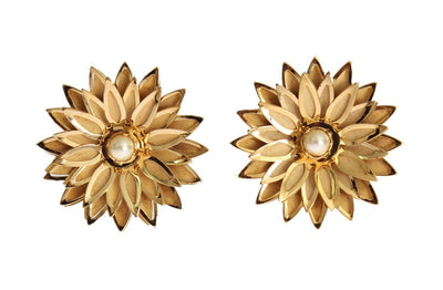 Gold Brass Floral White Pearl Earring