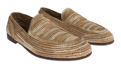 Beige Raffia Dress Formal Mens Loafers Shoes