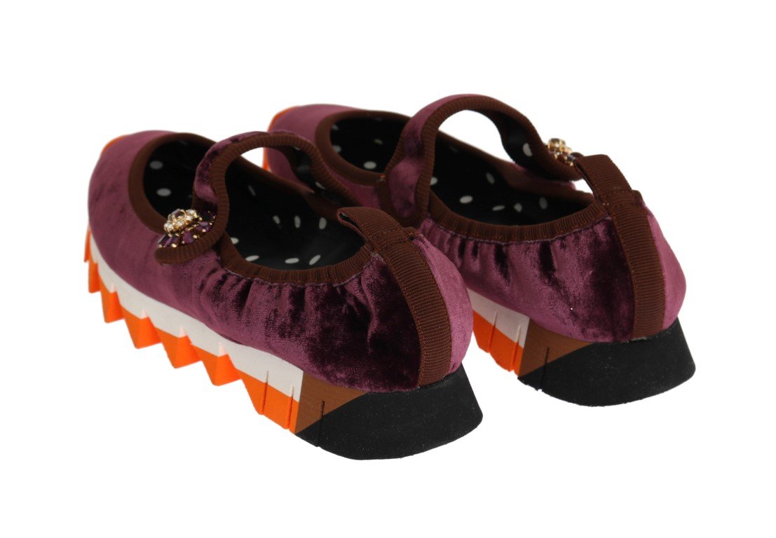 Purple Velvet Crystal Strap Ballerina Shoes