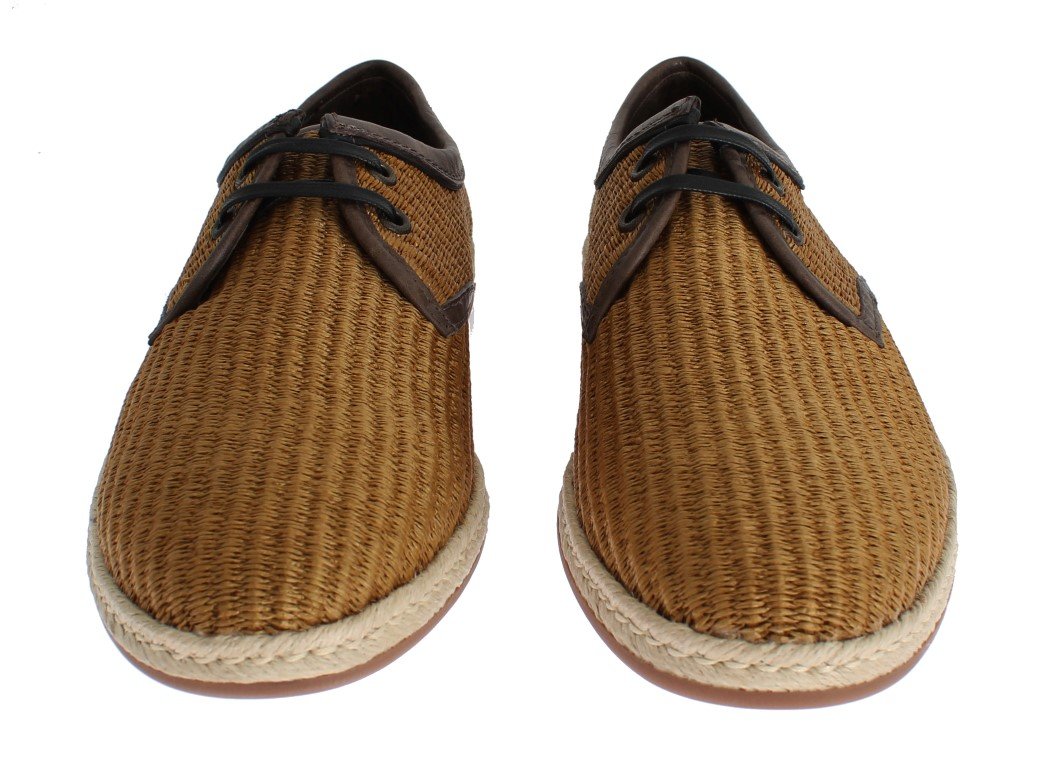Brown Woven Raffia Leather Laceup Shoes