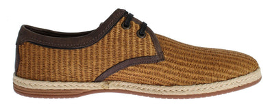 Brown Woven Raffia Leather Laceup Shoes