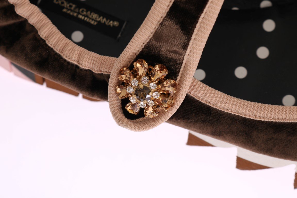 Brown Velvet Crystal Strap Ballerina Shoes