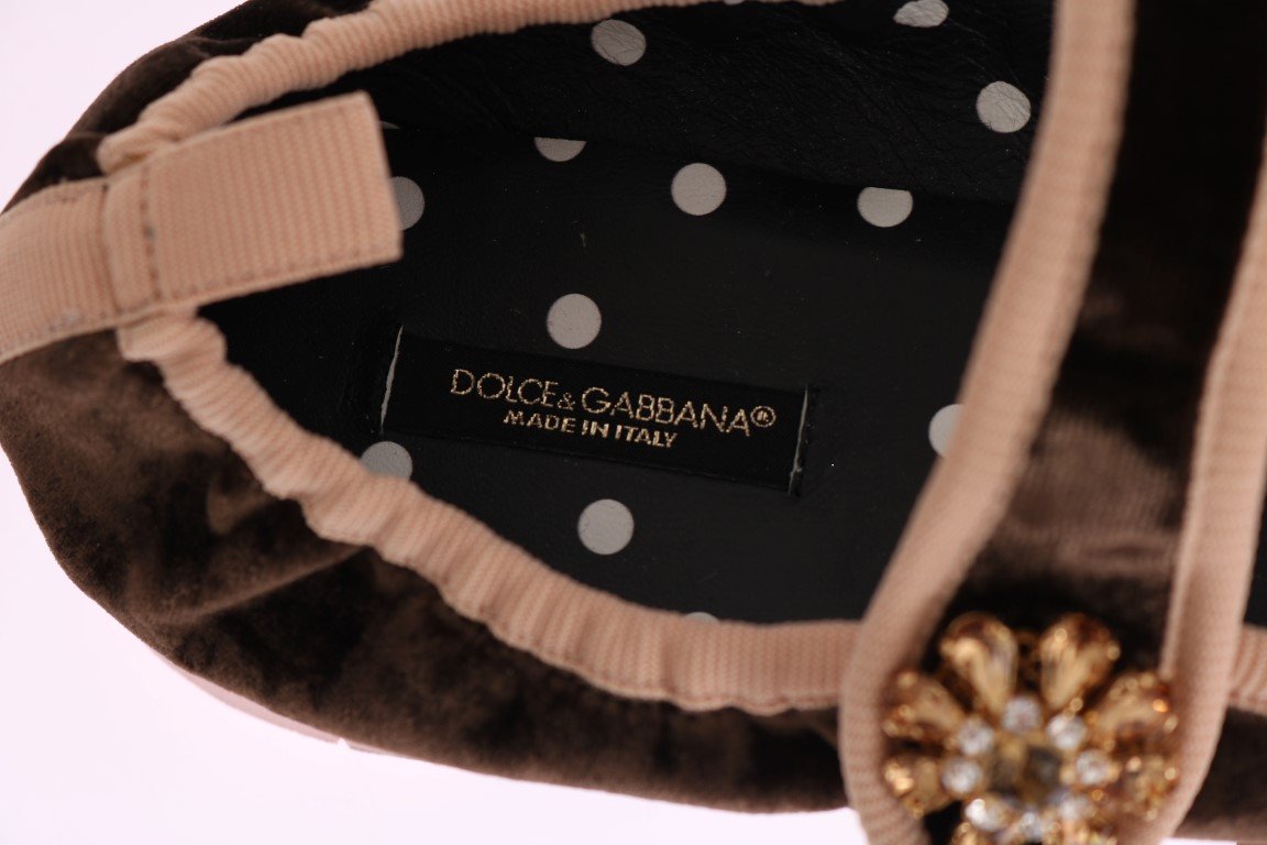 Brown Velvet Crystal Strap Ballerina Shoes