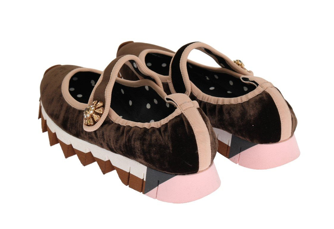 Brown Velvet Crystal Strap Ballerina Shoes